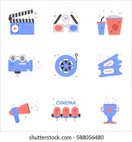 Vector illustration of cinema icon set in flat linear style Graphic design concept of clapper board, 3D glasses, tickets, cine-film, video camera, mouthpiece, popcorn and soda, award cup, movie chairs