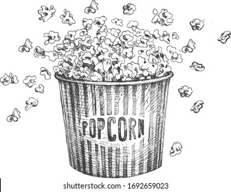 Vector illustration of cinema movie object. Popcorn in box bucket with stripes. Multimedia snack fast food icon. Vintage hand drawn style.
