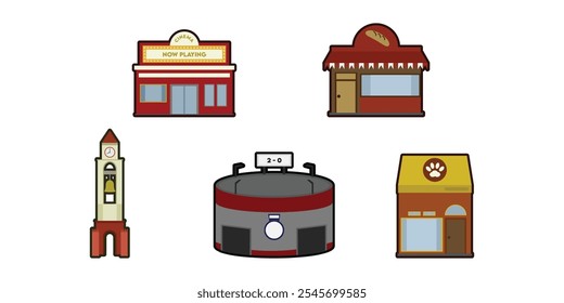 Ilustración vectorial de Cine, Estadio, Tienda de panadería, Tienda de mascotas, Campanario