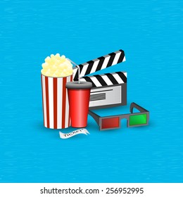 Vector illustration Cinema movie time sketch poster with popcorn and glasses