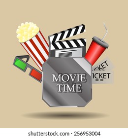 Vector illustration Cinema movie time sketch poster with popcorn and glasses