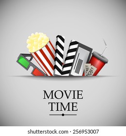 Vector illustration Cinema movie time sketch poster with popcorn and glasses