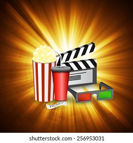 Vector illustration Cinema movie time sketch poster with popcorn and glasses