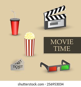 Vector illustration Cinema movie time sketch poster with popcorn and glasses