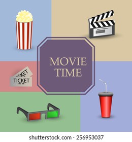 Vector illustration Cinema movie time sketch poster with popcorn and glasses