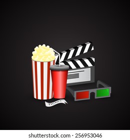 Vector illustration Cinema movie time sketch poster with popcorn and glasses