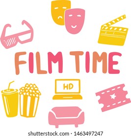 Vector illustration of cinema online poster. Movie theater symbols clapperboard, popcorn, 3D glasses, seat, tickets, laptop, camera. Online film. Word: watch, animation, motion, entertainment. 