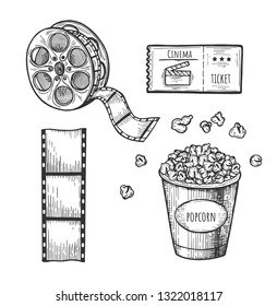 Vector illustration of cinema set. Ticket, popcorn, film, bobbin. Vintage hand drawn style.