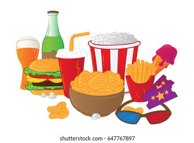Vector illustration of cinema symbols - popcorn bucket, ticket, 3d glasses, cup of cola, ice cream, bottle, glass of beer, french fries, chips, hamburger isolated on white background.