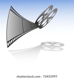 Vector illustration. Cinema video film strip with reel at bright blue background