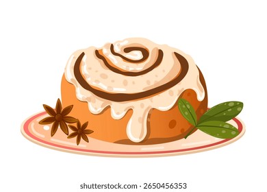 Vector illustration Cinnamon bun and sweet snail bun. Dessert baking. Sweet flour products. Pastry on white background