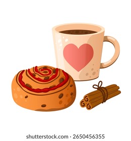 Vector illustration Cinnamon bun and sweet snail bun. Dessert baking. Sweet flour products. Pastry on white background