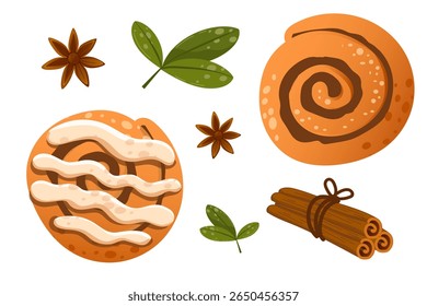 Vector illustration Cinnamon bun and sweet snail bun. Dessert baking. Sweet flour products. Pastry on white background