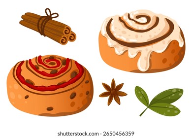 Vector illustration Cinnamon bun and sweet snail bun. Dessert baking. Sweet flour products. Pastry on white background