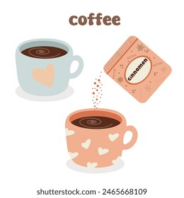 Vector illustration, cinnamon coffee, cute pattern, heart, love coffee