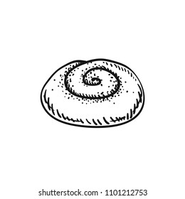 Vector illustration of a cinnamon roll bun, sketch isolated on white - hot home made baked sweet bun with poppy seeds.