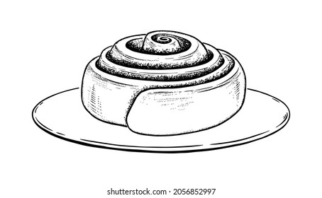 Vector illustration of Cinnamon Roll on plate. Vintage style drawing isolated on white background.