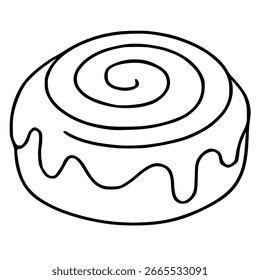 A vector illustration of a cinnamon roll with a spiral swirl topping and a dripping icing design, showcasing a minimalist black and white line art style.