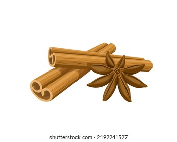 Vector illustration, cinnamon roll stick and star anise, isolated on a white background.