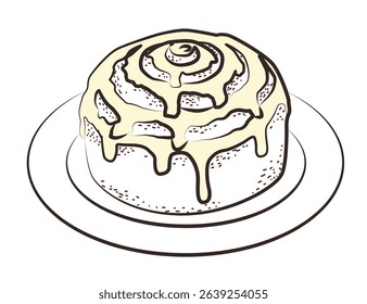 Vector illustration of a cinnamon roll topped with creamy icing, presented on a plate. This detailed illustration captures the classic swirl and textures of this popular baked treat.