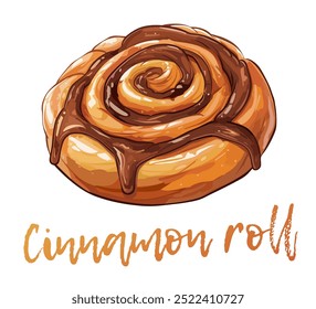 Ilustración vectorial de rollo de canela, verdadera obra maestra de pastelería. Corteza dorada-marrón, textura escamosa, y remolino tentador de canela y azúcar icono de dibujos animados aislado en el fondo blanco, para los amantes de la comida