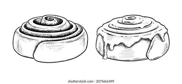 Vector illustration of Cinnamon Roll. Vintage style drawing isolated on white background.