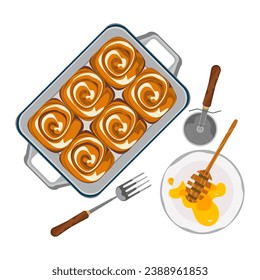 Ilustración vectorial Rodillos de canela en una bandeja emparejada con miel Colección de dulces postres de panadería aislados en un fondo blanco.