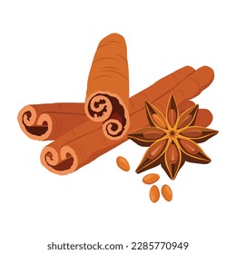 Vector illustration of cinnamon stick and star anise spice isolated on white background closeup. Asia recipe