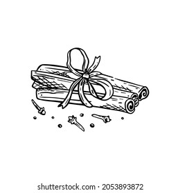 Vector illustration of cinnamon sticks. Seasoning, spice. Cinnamon and carnation line art, sketch isolated on white background.