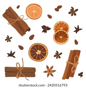 Vector illustration of Cinnamon Sticks species, Orange, cloves and 
almond isolated on white background.
