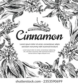 Ilustración vectorial del árbol de Cinnamon. Dibujo a mano de imágenes de las ramas del árbol Cinnamomum Verum con hojas, flores, brotes y frutas. Ilustración de estilo botánico 