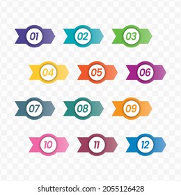 Vector illustration of circle arrow number bullet points from one to twelve with a transparent background (PNG).