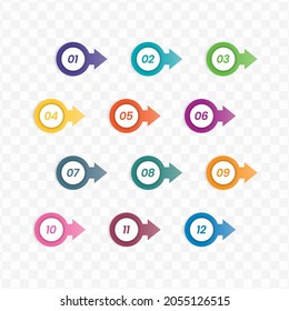 Vector illustration of circle arrow number bullet points from one to twelve with a transparent background 