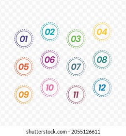 Vector illustration of circle arrow number bullet points from one to twelve with a transparent background (PNG).