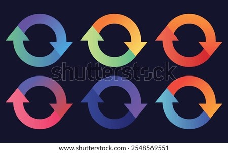 Vector illustration of circle arrows icons with gradient colors, featuring rotation arrow symbols, refresh buttons, round reload signs, and repeat icons. Designed with a sleek and modern gradient colo