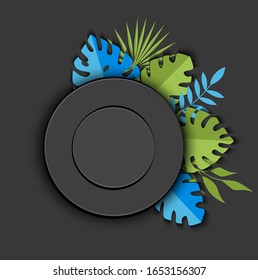 Vector illustration circle background with spruce and blue tropical leaves
