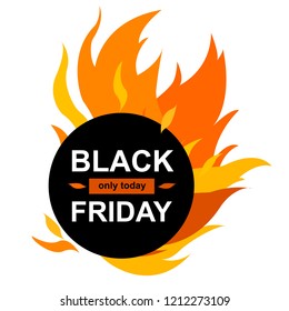 Vector Illustration. Circle banner with Black Friday. Black card for hot offer with frame fire graphic. Template