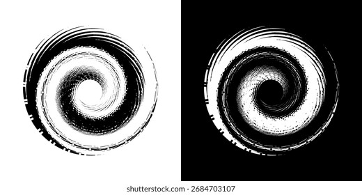 Ilustración vectorial de una circunferencia con un patrón de espiral en blanco y negro que crea una impresión visual dinámica y degradada. Ilustración vectorial en espiral de movimiento visual suave.