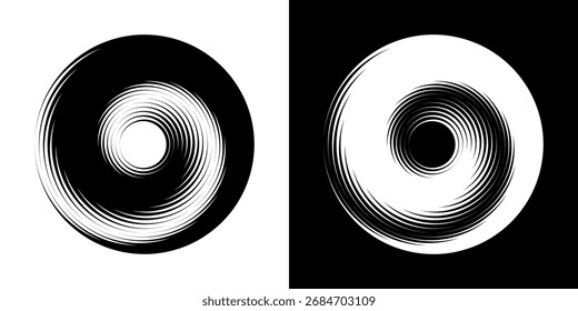 Ilustración vectorial de una circunferencia con un patrón de espiral en blanco y negro que crea una impresión visual dinámica y degradada. Ilustración vectorial en espiral de movimiento visual suave.