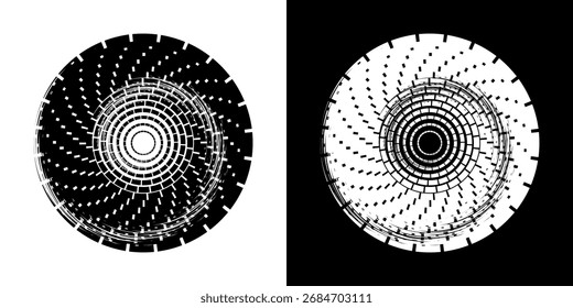 Ilustración vectorial de una circunferencia con un patrón de espiral en blanco y negro que crea una impresión visual dinámica y degradada. Ilustración vectorial en espiral de movimiento visual suave.