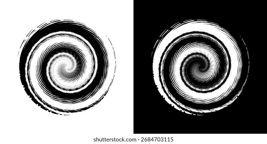 Ilustración vectorial de una circunferencia con un patrón de espiral en blanco y negro que crea una impresión visual dinámica y degradada. Ilustración vectorial en espiral de movimiento visual suave.
