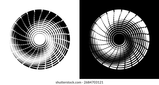 Ilustración vectorial de una circunferencia con un patrón de espiral en blanco y negro que crea una impresión visual dinámica y degradada. Ilustración vectorial en espiral de movimiento visual suave.