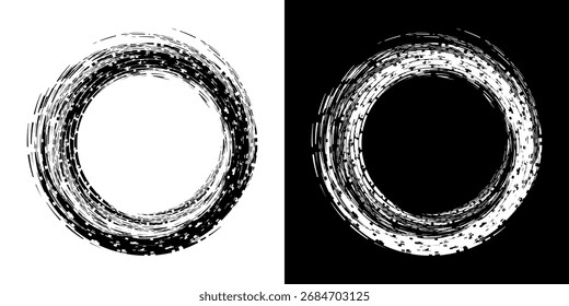 Ilustración vectorial de una circunferencia con un patrón de espiral en blanco y negro que crea una impresión visual dinámica y degradada. Ilustración vectorial en espiral de movimiento visual suave.