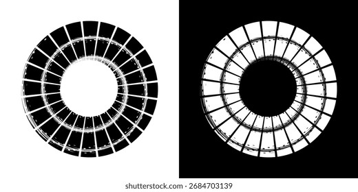 Ilustración vectorial de una circunferencia con un patrón de espiral en blanco y negro que crea una impresión visual dinámica y degradada. Ilustración vectorial en espiral de movimiento visual suave.
