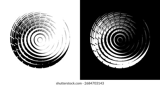 Ilustración vectorial de una circunferencia con un patrón de espiral en blanco y negro que crea una impresión visual dinámica y degradada. Ilustración vectorial en espiral de movimiento visual suave.