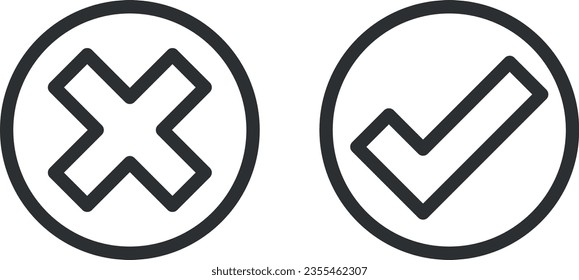 Vector illustration of circle with cross and tick. Right and wrong.
