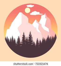 vector illustration in a circle, dawn, mountains and forest