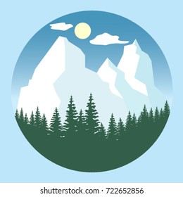 vector illustration in circle, day, mountains and forest