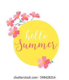 Vector illustration of a circle decorated with pink flowers, Hello summer