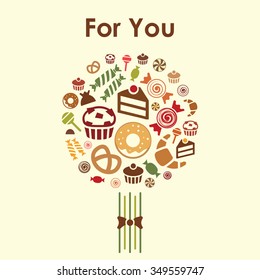 vector illustration / circle design / sweets candies cakes / for you lettering